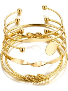Women's Bangles Set, Multi Layer Textured 14k Gold Plated Chunky Knot Bracelet